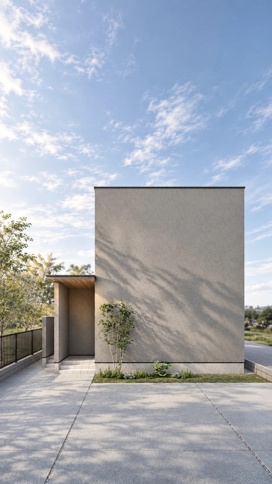 紡ぐ-TSUMUGU 完成内覧会|グレーの外観と木の玄関ポーチ